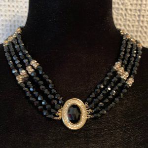 HOBE Black Glass, Pearl, Rhinestone Necklace Set